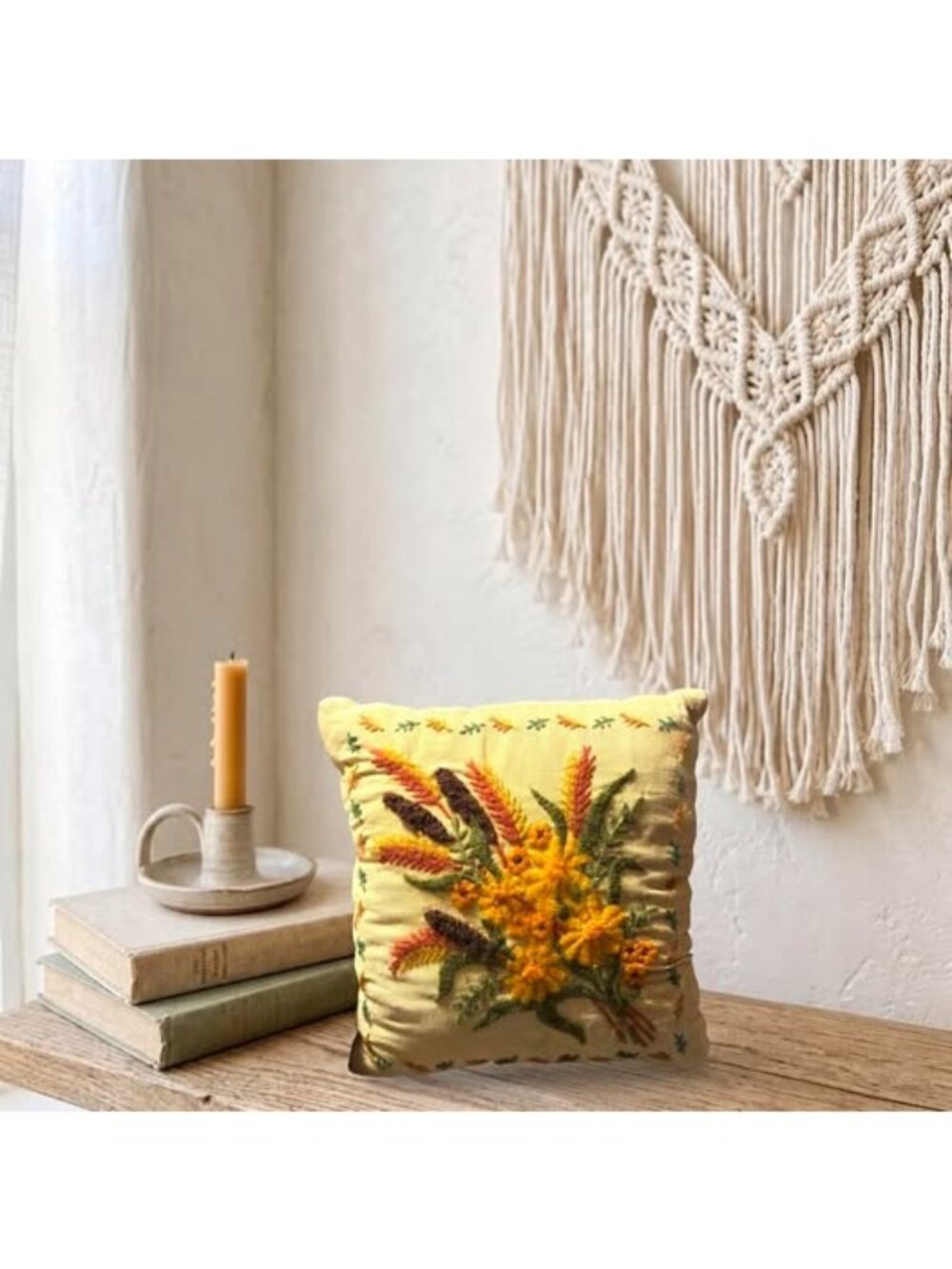 Vintage Handmade Crewel Embroidered Floral Pillow With Yellow & Rust Tones 12" S